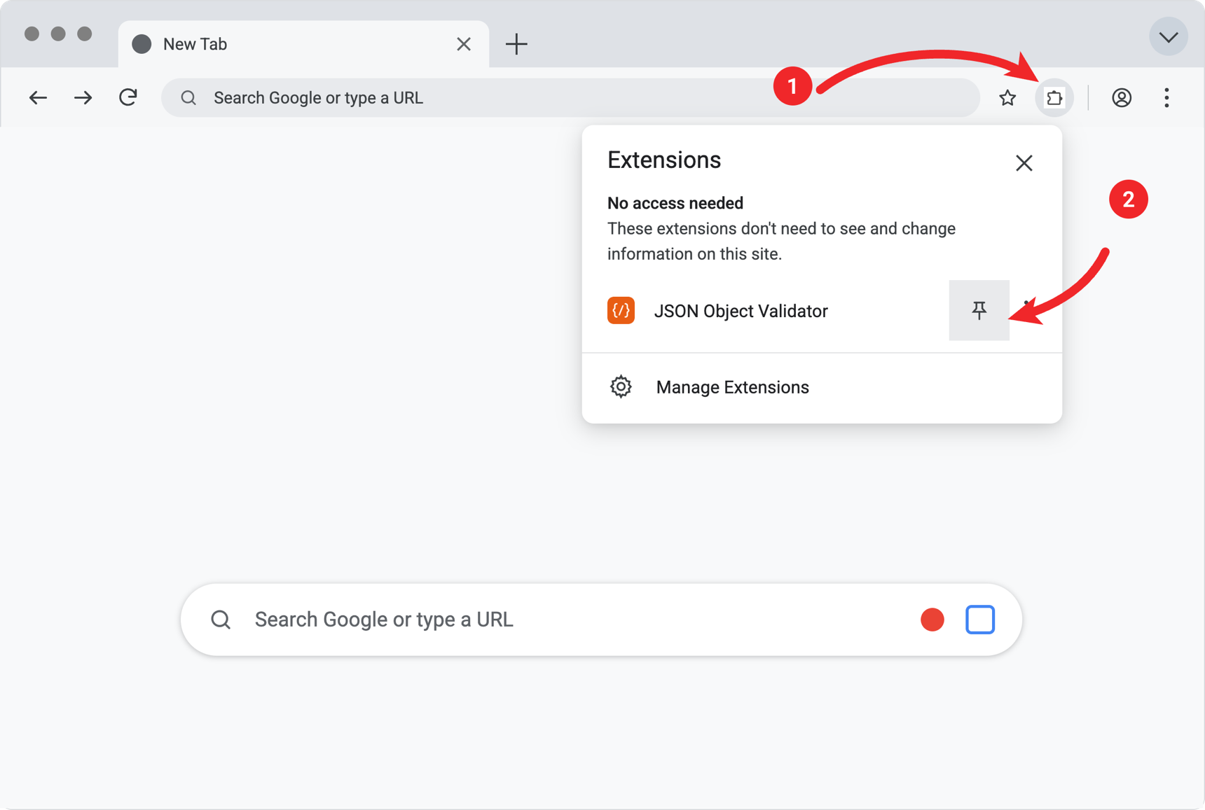 Chrome's extensions menu open, with the puzzle-piece button in the toolbar
               marked 1 and the pin button beside JSON Object Validator marked 2